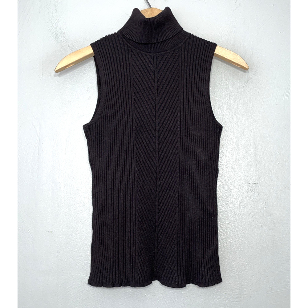 Black Sleeveless Ribbed Knit Sweater Size M Classic Turtleneck Minimalist Career